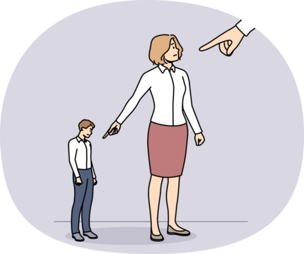 Businesspeople point with finger on colleague or coworker. Employees lay blame and guilt on subordinate. Concept of responsibility and management.