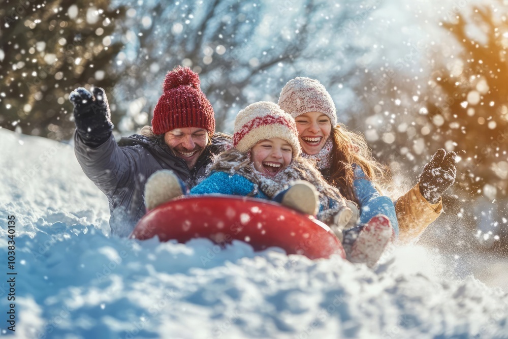 Wall mural A family enjoying a fun sledding adventure downhill, with snowflakes falling and bright smiles