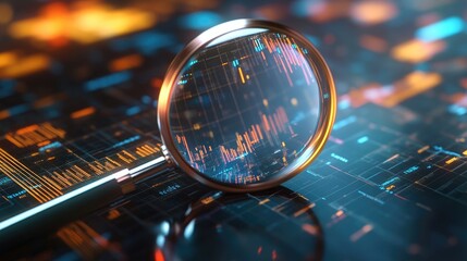 Magnifying glass over a graph, idea and business growth, 3D illustration 