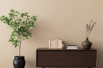 stylish interior scene featuring wooden sideboard with decorative items, potted plant, and minimalist vase. warm beige wall enhances serene atmosphere
