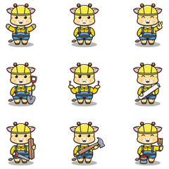 Obraz premium Cute Giraffe mascot works in construction. Cute Giraffe builder cartoon. Animal builders.