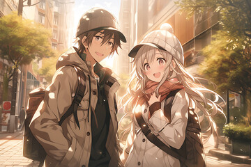 Fototapeta premium male and female anime characters walking together to a beautiful place