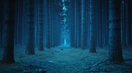 The interior of the pine forest is dark and eerie