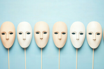 row of white theatrical masks on sticks against light blue background 