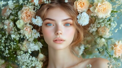 Floral spring concept of fresh flowers on the face, body and elegant fashion, romantic dress of a young beautiful attractive girl. Abstract portrait.