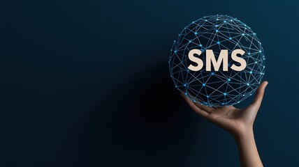 A hand holds a globe symbolizing SMS communication, showcasing a network of connections in a modern digital world.