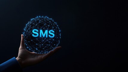 A glowing sphere representing SMS technology is held by a hand against a dark background, symbolizing communication and connectivity.