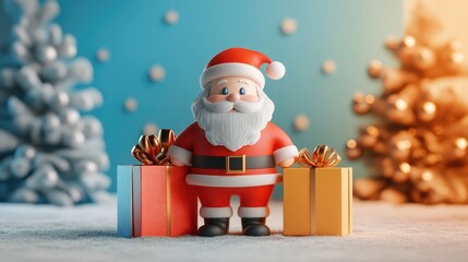 Santa Claus and gifts flat design front view North Pole theme 3D render Split-complementary color scheme 