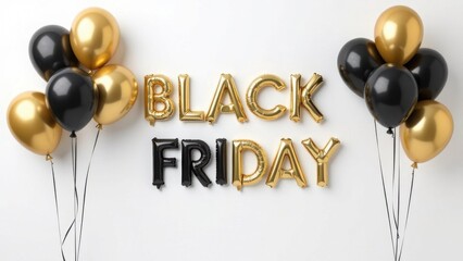 Golden and black balloon letters spelling 'Black Friday' with black and gold balloons on a white background. Black Friday promotional sale concept. Design for banner, poster, header
