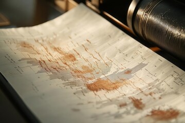 A seismograph capturing earthquake tremors, with a detailed view of the recording process and seismic waves on paper