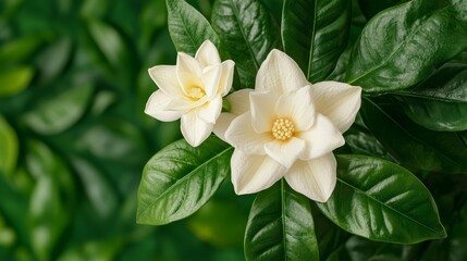 Obraz premium White blooming flowers on green leaves, soft natural light background.