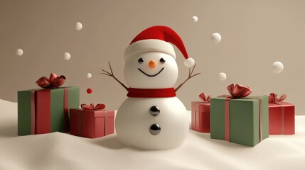 snowman and gifts flat design front view North Pole theme 3D render color scheme 