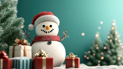 Obraz premium snowman and gifts flat design front view North Pole theme 3D render color scheme 