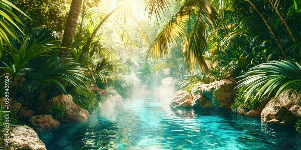 Poster a lush tropical forest with a river running through it