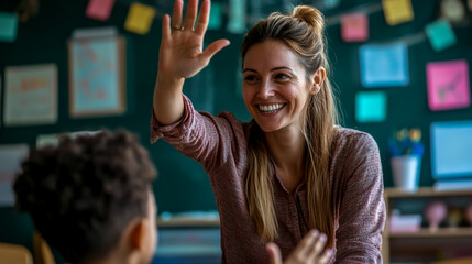 A happy female teacher giving a high-five to a student in a classroom