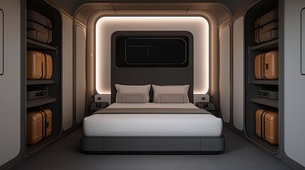 A modern, minimalist bedroom featuring a large bed, sleek storage units, and ambient lighting, creating a cozy and inviting atmosphere.