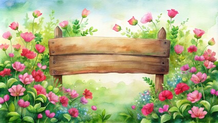 Watercolor illustration, empty wooden sign surrounded by colorful flowers and green plants in a garden. Banner, background for garden, nature, spring