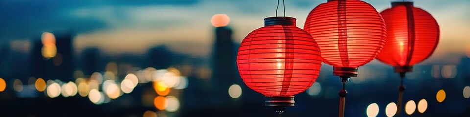 Obraz premium Red lanterns hanging with city lights in blurry background