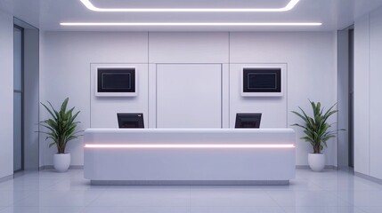 A sleek, modern reception area featuring a white desk, two black chairs, and decorative plants, illuminated by overhead lighting.