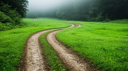 Winding dirt path through lush green grass in a serene foggy landscape.