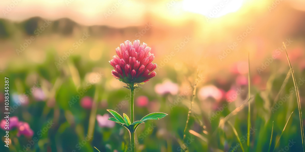 Poster a single red flower is in the foreground of a field of green grass