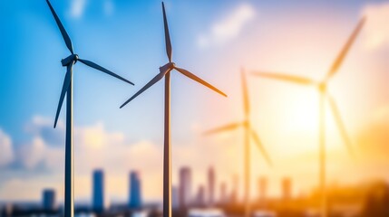 Fototapeta premium Wind turbines against a vibrant sunset sky in an urban landscape.