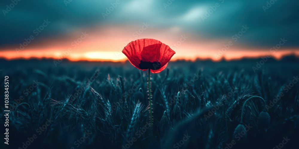 Poster a red poppy is the only flower in a field of tall grass