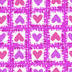 Hand drawn watercolor checkered seamless pattern with violet brush strokes with hearts on white background.