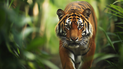 Fototapeta premium Majestic sumatran tiger walks gracefully in lush jungle, blending with vibrant surroundings, making eye contact with camera in captivating close-up. Importance of conservation highlighted