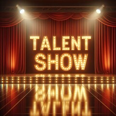 Illuminated stage backdrop for a talent show with red curtains and bright lights.
