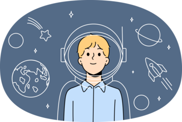 Boy astronaut in imaginary suit and spacesuit for space flights stands among stars and planets of solar system. Child dreams of becoming astronaut and participating in research mission on earth