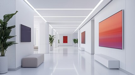 A modern, minimalist gallery with white walls, art pieces, and greenery, creating a serene and inviting atmosphere for visitors.