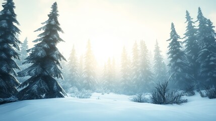 Naklejka premium Winter landscape with snow-covered trees and soft sunlight illuminating the forest.