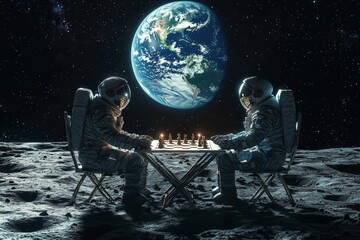 A high-quality, photorealistic image of two astronauts sitting at a foldable table on the surface of the Moon, focused on a chess game with glowing pieces.