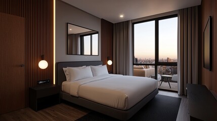 A modern hotel room featuring a cozy bed, stylish decor, and large windows offering a city view at sunset.