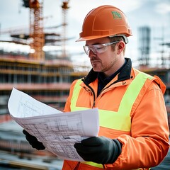 Caucasian male construction worker reviewing blueprints on a building site.