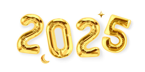 Gold balloon 2025 with moon and star isolated on white background. Horizontal banner for Christmas or New Year. EPS 10.	