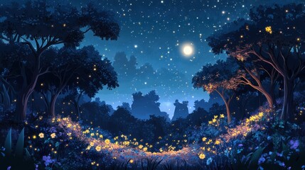 Fantasy landscape, magical night, fairy tale forest. Digital art, ai artwork, background or wallpaper