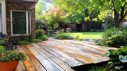 Obraz premium Wooden deck patio with garden furniture in a serene backyard, surrounded by lush green plants and blooming flowers