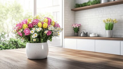 Vibrant Flower Arrangement in Modern Kitchen Setting