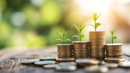 Four growing plants on stacks of gold coins, symbolizing financial growth and wealth.