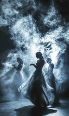 Obraz premium Silhouettes of women in a cloud of dust.