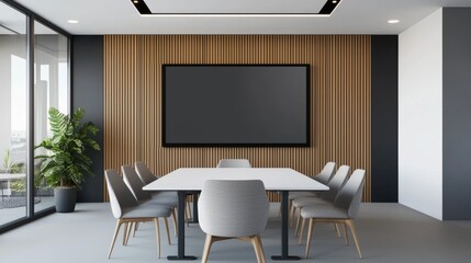 A modern conference room with a sleek table, comfortable chairs, a large screen, and a minimalist design featuring wood and greenery.