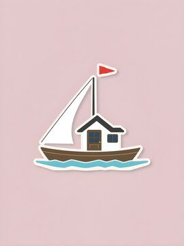 recommend clip art: Flat design vector-style image of design a minimalist house boat that will make a good lapel pin. Generative AI
