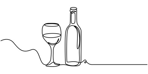 continuous line of wine bottles and glasses.one line drawing vector of wine bottles and glasses.wine drawn in one simple line, Beer glass and bottle one continuous line drawing vector illustration.