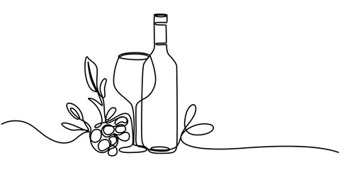 continuous line of wine bottles and glasses.one line drawing vector of wine bottles and glasses.wine drawn in one simple line, Beer glass and bottle one continuous line drawing vector illustration.
