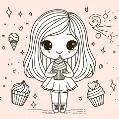 Obraz premium Illustration Cute girl with happy face holding cupcake 