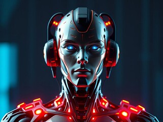 A robot with red and blue eyes and a red head