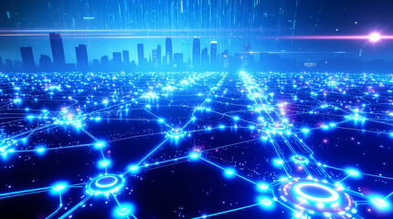 Obraz premium Futuristic Blue Digital City Network – Cyber, Internet, and Business Connections 