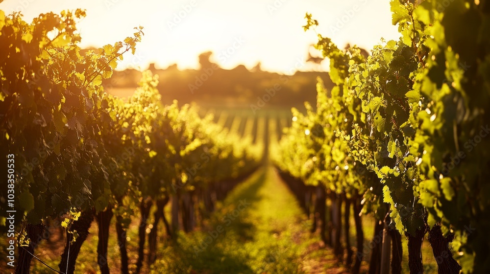 Poster A picturesque vineyard with rows of grapevines basking in afternoon sunlight, Harvesting tools and crates ready for grape picking, Winemaking tradition style